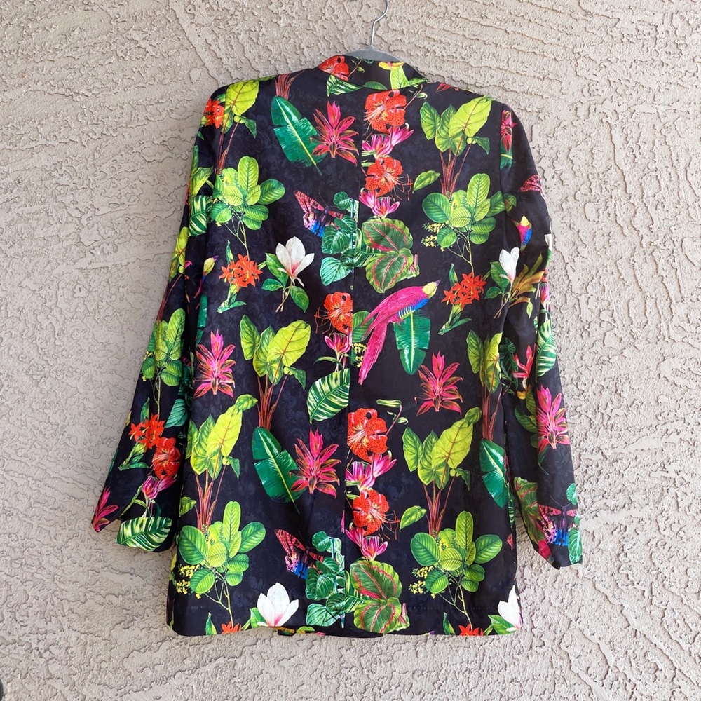 SOLD ๐ MANGO Tropical Parrot Butterfly Floral Oversized Satin Blazer XS - Picture 6 of 15